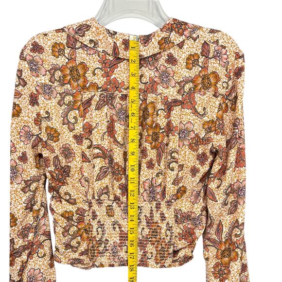 Free People Top I Got You Printed Floral Orange White Ruched Smocked V-Neck Sx S - Picture 10 of 11